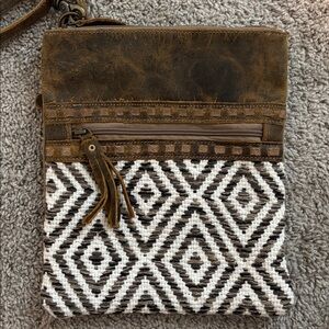Myra Sand Weaver Small & Cross Body Leather and Cotton Geometric Design 12 X 11